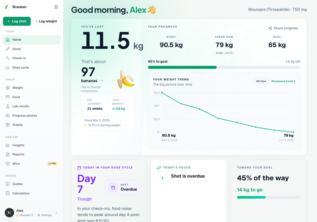 Bracken home dashboard showing weight trend, dose cycle, and journey progress